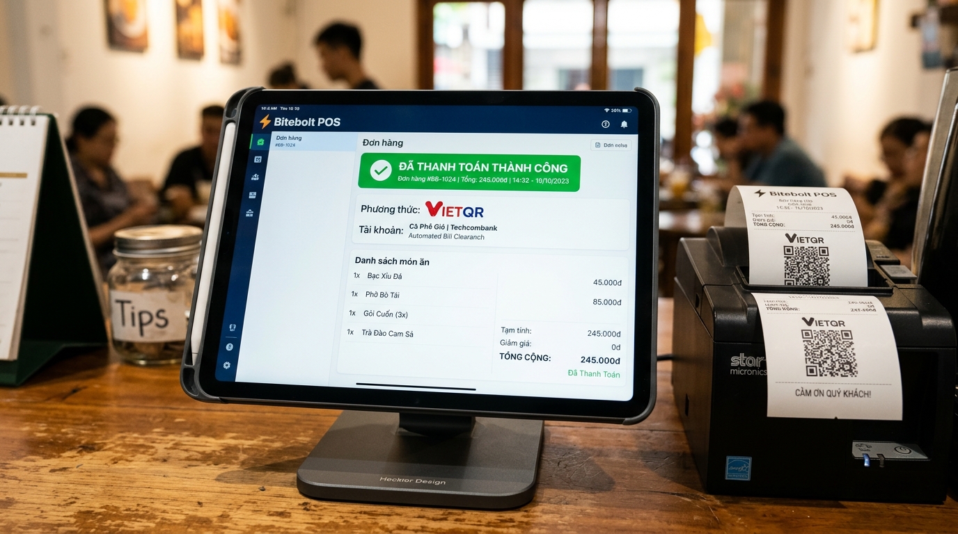 Màn hình máy POS Bitebolt tự động gạch nợ hóa đơn ngay khi khách quét mã QR VietQR