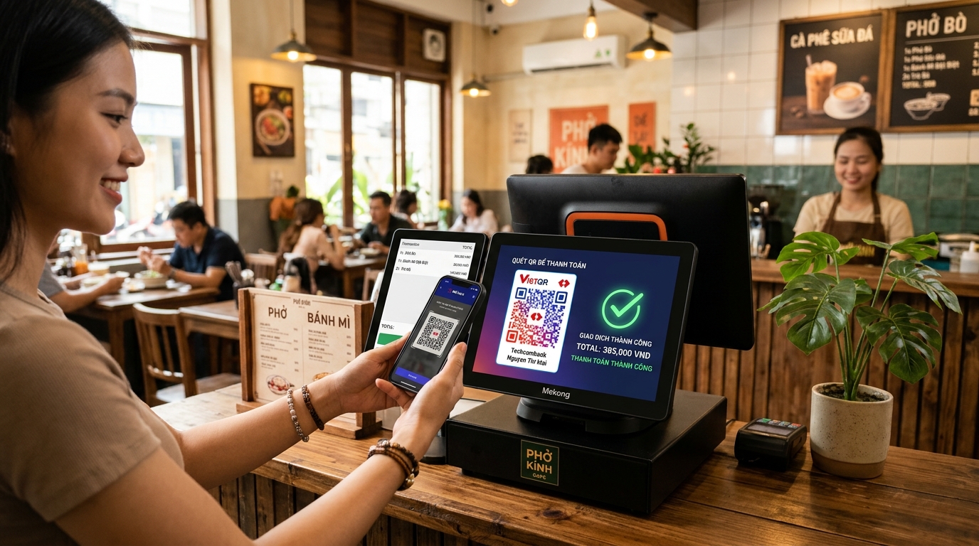 So sánh thao tác quét mã giữa QR tĩnh và QR động hiển thị trên máy POS Bitebolt